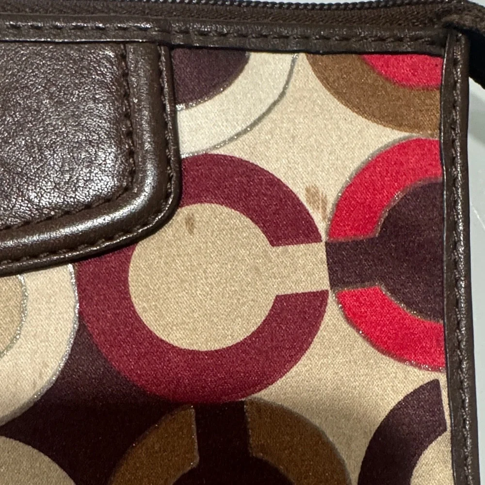 Coach Brown Multi Circle-Print Wristlet with Red Accents